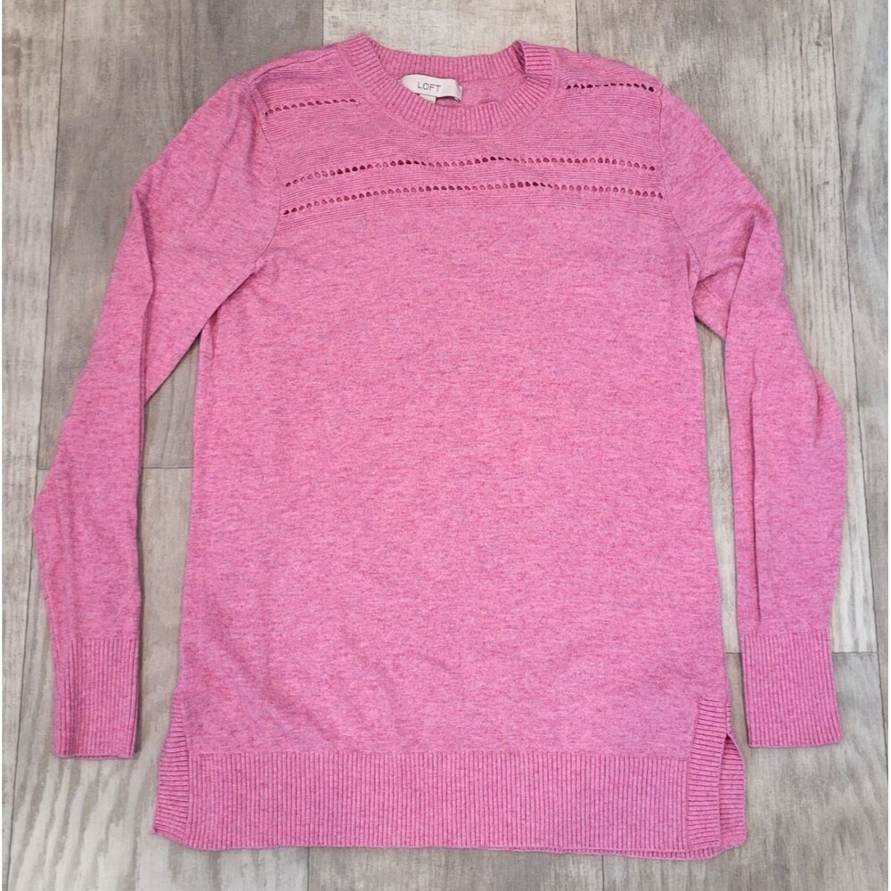 LOFT Pink Wool Blend Knit Sweater Womens M Long Sleeve Pullover Eyelet Preppy